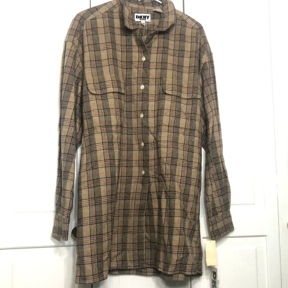 Vintage NWT DKNY Jeans Women's Long Sleeve Button Down Plaid Shirt M Cotton Tan - Picture 1 of 10